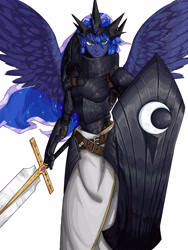 Size: 3543x4724 | Tagged: source needed, safe, artist:田园锄串子, imported from derpibooru, princess luna, human, female, horn, horned humanization, humanized, shield, simple background, solo, sword, weapon, white background, winged humanization, wings