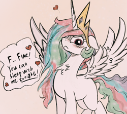 Size: 1818x1637 | Tagged: safe, artist:kqaii, imported from derpibooru, princess celestia, alicorn, pony, abstract background, blushing, chest fluff, cute, cutelestia, dialogue, embarrassed, eyelashes, female, floppy ears, frown, glare, heart, horn, jewelry, looking at you, mare, messy mane, missing cutie mark, neck fluff, simple background, solo, speech bubble, spread wings, stuttering, tail, talking to viewer, tan background, text, tiara, tsundelestia, tsundere, wing fluff, wings
