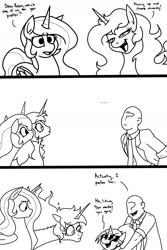 Size: 1200x1800 | Tagged: safe, artist:pony quarantine, imported from derpibooru, daybreaker, princess celestia, oc, oc:anon, oc:dyx, alicorn, human, pony, black and white, comic, dialogue, female, filly, grayscale, lineart, male, mare, monochrome, simple background, white background