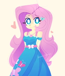 Size: 738x856 | Tagged: safe, artist:ocean_hairuuu, imported from derpibooru, fluttershy, equestria girls, arm behind back, bare shoulders, clothes, cute, dress, female, heart, looking at you, shyabetes, simple background, solo, white pupils, yellow background