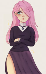 Size: 879x1410 | Tagged: safe, artist:xxminuhxx, imported from derpibooru, fluttershy, human, choker, clothes, crossed arms, dress, eyelashes, eyeliner, eyeshadow, female, fluttergoth, hair over one eye, high collar, humanized, jewelry, lips, looking away, makeup, necklace, side slit, simple background, skirt, solo, sweater, sweatershy, white background