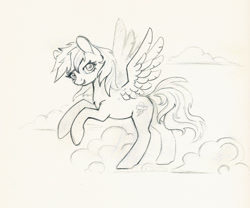 Size: 1161x964 | Tagged: safe, artist:maytee, imported from derpibooru, rainbow dash, pegasus, pony, cloud, monochrome, solo, traditional art