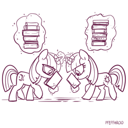 Size: 2048x2048 | Tagged: safe, artist:pfeffaroo, imported from derpibooru, moondancer, twilight sparkle, pony, unicorn, book, bookworm, carrying, duo, duo female, female, filly, filly moondancer, filly twilight sparkle, high res, imminent crash, magic, monochrome, reading, simple background, telekinesis, this will end in friendship, this will end in pain, unicorn twilight, white background, younger