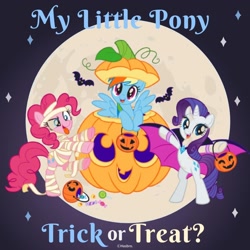 Size: 1080x1080 | Tagged: safe, artist:mylittleponyjpn, imported from derpibooru, part of a set, pinkie pie, rainbow dash, rarity, bat, earth pony, pegasus, pony, unicorn, bipedal, clothes, costume, female, halloween, halloween costume, holiday, jack-o-lantern, moon, mummy costume, official, pumpkin, pumpkin bucket, trick or treat, trio, trio female, vampire costume