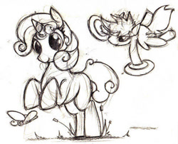 Size: 480x388 | Tagged: safe, artist:chazcatrix, imported from derpibooru, scootaloo, sweetie belle, butterfly, pegasus, pony, unicorn, cymbals, duo, monochrome, prank, rearing, sketch, traditional art