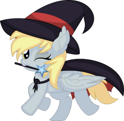 Size: 6643x6478 | Tagged: safe, artist:cyanlightning, imported from derpibooru, derpy hooves, pegasus, pony, .svg available, absurd resolution, cape, clothes, female, filly, hat, looking at you, mare, mouth hold, one eye closed, simple background, smiling, smiling at you, solo, transparent background, vector, wand, wink, winking at you, witch hat, younger