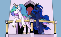 Size: 800x481 | Tagged: safe, artist:chazcatrix, imported from derpibooru, princess celestia, princess luna, alicorn, pony, balcony, butt bump, duo, female, jewelry, mare, regalia, royal sisters, siblings, sisters, wings, wings down