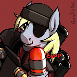 Size: 512x512 | Tagged: safe, artist:chazcatrix, imported from derpibooru, derpy hooves, pony, armor, beanie, crossover, demoman, eyepatch, grenade, grenade launcher, hat, simple background, solo, team fortress 2, weapon