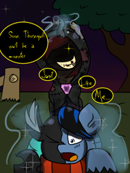 Size: 600x800 | Tagged: safe, artist:tranzmuteproductions, imported from derpibooru, oc, oc only, oc:curse word, oc:thornquill, changeling, pegasus, pony, unicorn, :o, changeling oc, changelingified, dialogue, duo, female, glowing, glowing eyes, male, mare, night, open mouth, outdoors, pegasus oc, species swap, stallion, stars, talking, transformation, wings