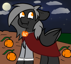 Size: 671x600 | Tagged: safe, artist:tranzmuteproductions, imported from derpibooru, oc, oc only, oc:tranzmute, bat pony, pony, bat pony oc, bat wings, cape, clothes, fangs, full moon, male, moon, night, pumpkin, smiling, solo, stallion, stars, wings