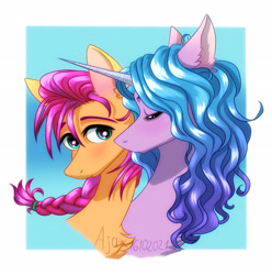 Size: 2625x2645 | Tagged: safe, artist:ajax, artist:ajaxorsomething, artist:willdrawhere, imported from derpibooru, izzy moonbow, sunny starscout, earth pony, pony, unicorn, blushing, chest fluff, cute, ear fluff, female, g5, high res, izzyscout, kissing, lesbian, my little pony: a new generation, shipping