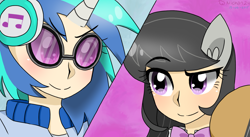 Size: 1280x702 | Tagged: safe, artist:nichandesu, imported from derpibooru, dj pon-3, octavia melody, vinyl scratch, human, slice of life (episode), bowtie, cello, clothes, duo, eared humanization, eyelashes, headphones, horn, horned humanization, humanized, musical instrument, scene interpretation, smiling