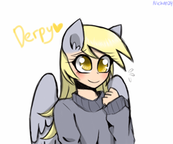 Size: 2400x2000 | Tagged: safe, artist:nichandesu, imported from derpibooru, derpy hooves, human, bust, clothes, eared humanization, eyelashes, female, high res, humanized, simple background, smiling, solo, white background, winged humanization, wings