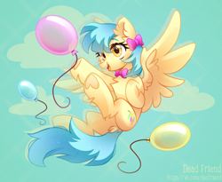 Size: 3664x3000 | Tagged: safe, artist:dedfriend, imported from derpibooru, oc, oc only, pegasus, pony, balloon, bow, chest fluff, cute, female, flying, hair bow, happy, high res, mare, ocbetes, open mouth, open smile, smiling, solo, underhoof