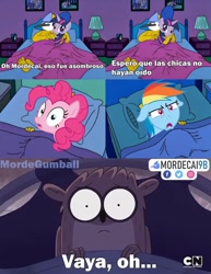 Size: 720x932 | Tagged: safe, imported from derpibooru, pinkie pie, rainbow dash, twilight sparkle, crossover, crossover shipping, female, male, meme, mordecai, mordetwi, regular show, rigby, shipping, spanish, straight, the simpsons