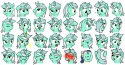 Size: 3508x1820 | Tagged: safe, artist:eels, imported from derpibooru, bon bon, lyra heartstrings, sweetie drops, earth pony, pony, unicorn, :t, bust, disguise, eyes closed, facial expressions, female, floppy ears, front view, glowing, glowing horn, hand, horn, looking up, magic, magic hands, mare, nose wrinkle, one eye closed, open mouth, open smile, portrait, red eyes, scrunchy face, side view, simple background, smiling, solo, tongue out, two toned mane, white background, wink, yellow eyes