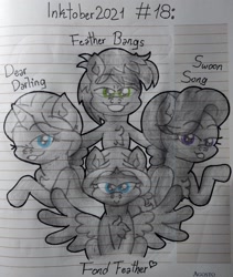 Size: 2850x3377 | Tagged: safe, artist:iceflower99, imported from derpibooru, dear darling, feather bangs, fond feather, swoon song, bimbettes, chest fluff, feather bangs gets all the mares, featherbimbettes, high res, inktober, inktober 2021, lined paper, traditional art