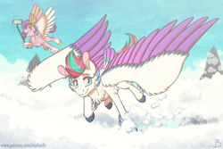 Size: 1772x1181 | Tagged: safe, artist:inuhoshi-to-darkpen, imported from derpibooru, pipp petals, zipp storm, pegasus, pony, spoiler:my little pony: a new generation, duo, female, flying, g5, mare, my little pony: a new generation, selfie stick, siblings, sisters