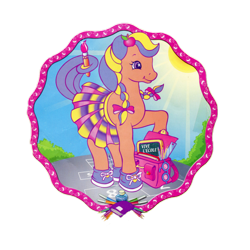 Size: 3464x3464 | Tagged: safe, imported from derpibooru, bright bramley, pony, apple, backpack, border, bow, braid, clothes, female, food, french, g2, hair bow, hair ribbon, hairpin, high res, hopscotch (game), magazine scan, mare, marker, notebook, official, orange pony, paintbrush, pencils, plaid skirt, purple hair, scan, school, school uniform, shoes, simple background, skirt, sneakers, sunglasses, transparent background, twin braids, yellow hair