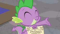 Size: 3410x1920 | Tagged: safe, imported from derpibooru, screencap, spike, dragon, season 9, sparkle's seven, cute, eyes closed, male, school of friendship, smiling, solo, spikabetes, winged spike, wings