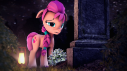 Size: 3840x2160 | Tagged: safe, artist:psfmer, imported from derpibooru, sunny starscout, earth pony, pony, 3d, bouquet, braided ponytail, floppy ears, flower, g5, grave, gravestone, high res, implied argyle starshine, implied death, lantern, my little pony: a new generation, sad, solo, source filmmaker, story included, unshorn fetlocks