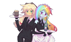 Size: 1440x865 | Tagged: safe, artist:daitangsugar, imported from derpibooru, applejack, rainbow dash, human, equestria girls, appledash, butler, clothes, embarrassed, eye clipping through hair, eyebrows, eyebrows visible through hair, female, humanized, lesbian, maid, open mouth, open smile, rainbow maid, shipping, simple background, smiling, tray, waitress, white background