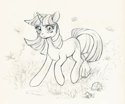 Size: 1161x964 | Tagged: safe, artist:maytee, imported from derpibooru, twilight sparkle, butterfly, frog, pony, unicorn, female, looking at you, mare, monochrome, outdoors, raised hoof, solo, three quarter view, traditional art, unicorn twilight