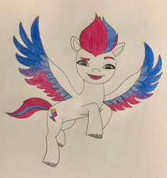 Size: 1924x2048 | Tagged: safe, artist:cynderblaze, imported from derpibooru, zipp storm, pegasus, pony, colored wings, feathered wings, g5, looking at you, solo, traditional art, wings