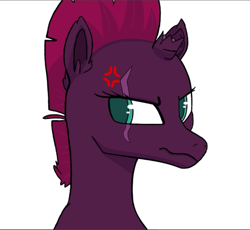 Size: 713x657 | Tagged: safe, artist:kpapwiss, imported from derpibooru, fizzlepop berrytwist, tempest shadow, pony, unicorn, my little pony: the movie, annoyed, broken horn, bust, cute, female, horn, mare, portrait, scar, simple background, solo, tempestbetes, this will end in pain and/or death, white background