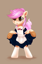 Size: 1500x2250 | Tagged: safe, artist:ariamidnighters, imported from derpibooru, oc, oc only, oc:vanillaberry swirl, earth pony, food pony, pony, bipedal, clothes, commission, ear piercing, earring, female, food, jewelry, maid, mare, open mouth, piercing, ponified, simple background, socks, solo, ych result