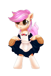 Size: 1500x2250 | Tagged: safe, alternate version, artist:ariamidnighters, imported from derpibooru, oc, oc only, oc:vanillaberry swirl, earth pony, food pony, pony, bipedal, clothes, commission, ear piercing, earring, female, food, jewelry, maid, mare, open mouth, piercing, ponified, simple background, socks, solo, transparent background, ych result