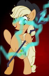 Size: 919x1400 | Tagged: safe, artist:darkknighthoof, artist:darktailsko, edit, imported from derpibooru, mean applejack, earth pony, pony, the mean 6, bipedal, clone, cropped, evil grin, grin, mad with power, magic, smiling, solo, staff, staff of sacanas