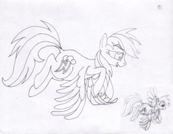 Size: 2172x1683 | Tagged: safe, artist:ciaran, derpibooru exclusive, imported from derpibooru, rainbow dash, pony, cutie mark, flying, inktober, inktober2021, simple background, sketch, smiling, solo, traditional art, white background, wip