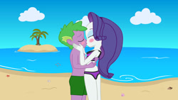 Size: 1280x720 | Tagged: safe, artist:lachlancarr1996, imported from derpibooru, rarity, spike, fish, starfish, equestria girls, ass, beach, beach shorts swimsuit, bikini, blushing, butt, clothes, coconut, duo, eyes closed, female, food, hand on cheek, hand on waist, human spike, island, kiss on the lips, kissing, male, ocean, palm tree, rarity's beach shorts swimsuit, rarity's purple bikini, rearity, sand, shipping, sparity, straight, swimming trunks, swimsuit, topless, tree