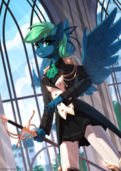 Size: 2000x2825 | Tagged: safe, artist:redchetgreen, imported from derpibooru, oc, oc only, oc:emerald, anthro, pegasus, aiguillette, blue fur, boots, bow, breasts, building, castle, clothes, cloud, cravat, crepuscular rays, epaulettes, eyebrows, fantasy, female, gloves, green eyes, green hair, hair bow, high res, looking at you, military uniform, ornament, pants, pegasus oc, shoes, signature, skirt, smiling, smiling at you, solo, spread wings, sword, teeth, uniform, weapon, window, winged anthro, wings