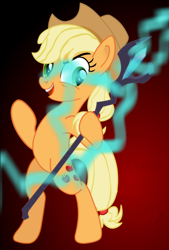 Size: 488x722 | Tagged: safe, artist:darkknighthoof, artist:darktailsko, edit, imported from derpibooru, applejack, storm king, earth pony, pony, my little pony: the movie, bipedal, cropped, female, implied possession, mad with power, magic, male to female, possessed, possession, rule 34, rule 63, smiling, solo, staff, staff of sacanas