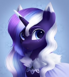 Size: 778x874 | Tagged: safe, artist:_ladybanshee_, imported from derpibooru, oc, oc only, oc:frosty lavender, pony, unicorn, big eyes, bust, clothes, coat, cute, lineless, painting, portrait, solo