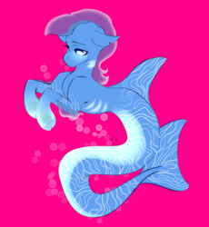 Size: 2646x2874 | Tagged: safe, artist:azaani, imported from derpibooru, oc, oc only, oc:fingerling, hybrid, mermaid, original species, pony, seapony (g4), blue eyes, bubble, dorsal fin, fins, fish tail, flowing tail, gills, glowing, glowing eyes, high res, logo, male, needs more saturation, pink background, purple mane, simple background, solo, tail