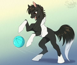 Size: 1200x1014 | Tagged: safe, artist:sunny way, imported from derpibooru, oc, oc only, oc:irga, earth pony, pony, ball, cute, female, finished commission, gradient background, happy, horses doing horse things, mare, ocbetes, open mouth, photo, playing, rearing, sketch, slim, smiling, smirk, solo, sternocleidomastoid, thin