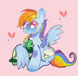 Size: 1024x1002 | Tagged: safe, artist:bug-roux, imported from derpibooru, rainbow dash, tank, pegasus, pony, tortoise, broken hearts, crying, cute, dashabetes, ear fluff, eye clipping through hair, female, heart, hug, one wing out, ponytober, simple background, sitting, white pupils, winghug, wings