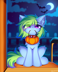 Size: 4444x5555 | Tagged: safe, artist:airiniblock, imported from derpibooru, oc, oc only, bat, earth pony, pony, :3, candy, candy cane, chest fluff, doorway, ear fluff, ears, ears up, eye clipping through hair, food, front door, halloween, holiday, knee fluff, lollipop, mane, mouth hold, night, pumpkin bucket, rcf community, solo, tail