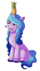 Size: 3134x5500 | Tagged: safe, anonymous artist, imported from derpibooru, izzy moonbow, pony, unicorn, spoiler:my little pony: a new generation, cute, female, food, g5, horn, horn impalement, izzy impaling things, izzybetes, mare, my little pony: a new generation, open mouth, open smile, pineapple, simple background, sitting, smiling, solo, transparent background