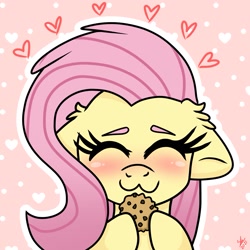 Size: 1469x1469 | Tagged: safe, artist:galaxy swirl, imported from derpibooru, fluttershy, pegasus, pony, :3, ^^, blushing, cookie, cute, ear fluff, eyebrows, eyes closed, female, floating heart, floppy ears, food, heart, hoof hold, mare, outline, shyabetes, solo, white outline