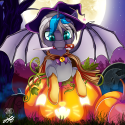 Size: 2000x2000 | Tagged: safe, alternate version, artist:stainedglasslighthea, imported from derpibooru, oc, oc only, oc:elizabat stormfeather, alicorn, bat pony, bat pony alicorn, pony, alicorn oc, alternate character, bat pony oc, bat wings, cape, clothes, commission, costume, cute, female, full moon, gloves, halloween, halloween costume, hat, high res, holiday, horn, jack-o-lantern, knife, mare, moon, mouth hold, night, nightmare night, pumpkin, solo, tree, wings, witch, witch costume, witch hat, ych result