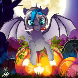 Size: 2000x2000 | Tagged: safe, alternate version, artist:stainedglasslighthea, derpibooru exclusive, imported from derpibooru, oc, oc only, oc:elizabat stormfeather, alicorn, bat pony, bat pony alicorn, pony, alicorn oc, alternate character, bat pony oc, bat wings, commission, cute, female, full moon, halloween, high res, holiday, horn, jack-o-lantern, knife, mare, moon, mouth hold, night, nightmare night, pumpkin, solo, tree, wings, ych result