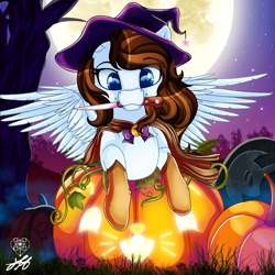 Size: 2000x2000 | Tagged: safe, alternate version, artist:stainedglasslighthea, imported from derpibooru, oc, oc only, oc:krissy, pegasus, pony, alternate character, cape, clothes, commission, costume, cute, female, full moon, gloves, halloween, halloween costume, hat, high res, holiday, jack-o-lantern, knife, mare, moon, mouth hold, night, nightmare night, pumpkin, solo, tree, witch, witch costume, witch hat, ych result