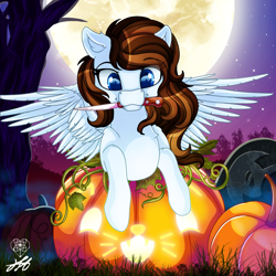 Size: 2000x2000 | Tagged: safe, alternate version, artist:stainedglasslighthea, derpibooru exclusive, imported from derpibooru, oc, oc only, oc:krissy, pegasus, pony, alternate character, commission, cute, female, full moon, halloween, high res, holiday, jack-o-lantern, knife, mare, moon, mouth hold, night, nightmare night, pumpkin, solo, tree, ych result