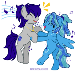 Size: 1000x917 | Tagged: safe, artist:jennieoo, imported from derpibooru, oc, oc:maverick, oc:ocean soul, earth pony, pegasus, pony, bipedal, butt, couple, dancing, duo, eyes closed, female, happy, male, music, open mouth, plot, ponytail, show accurate, simple background, singing, soulverick, stallion, transparent background