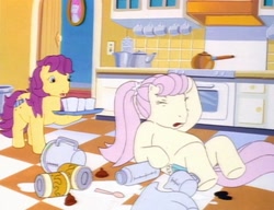 Size: 1404x1080 | Tagged: safe, imported from derpibooru, screencap, bon bon (g1), earth pony, pony, my little pony tales, too sick to notice, big sister, carrying, checkered floor, concern, cup, fainted, fallen, female, g1, kitchen, little sister, mare, measuring cup, misty (g1), on the floor, ouch, pink hair, ponytail, preteen, purple hair, scrunchie, shocked, siblings, solo, teenager, touching face, tray, yellow coat