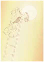 Size: 759x1073 | Tagged: safe, artist:sherwoodwhisper, imported from derpibooru, oc, oc only, oc:eri, pony, unicorn, cape, clothes, female, filly, inktober, inktober 2021, ladder, monochrome, moon, rag, solo, tangible heavenly object, washcloth, wiping